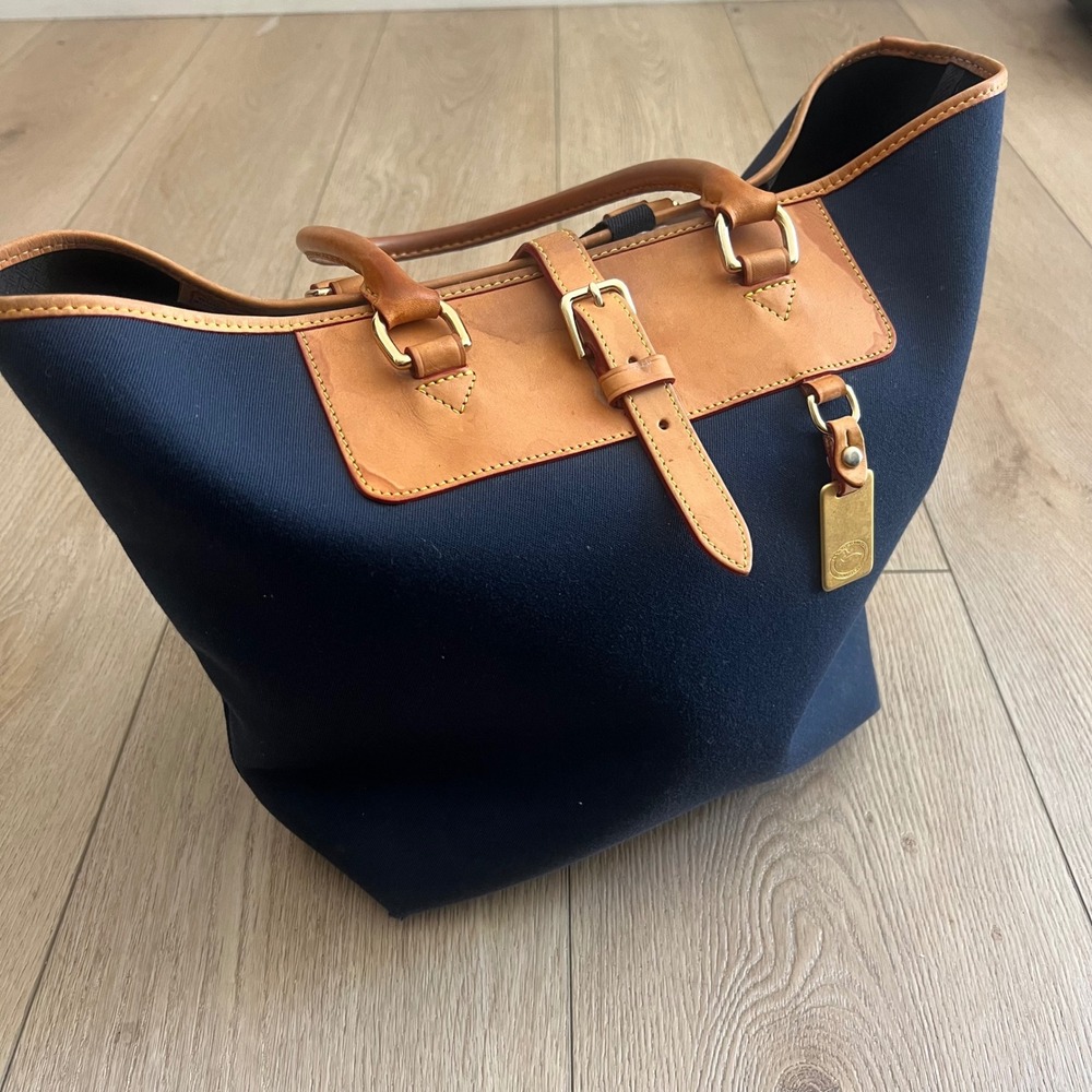 Dooney & Bourke Navy Blue Canvas Leather Trim Tote Bag Gold Hardware Shopper - Picture 3 of 16